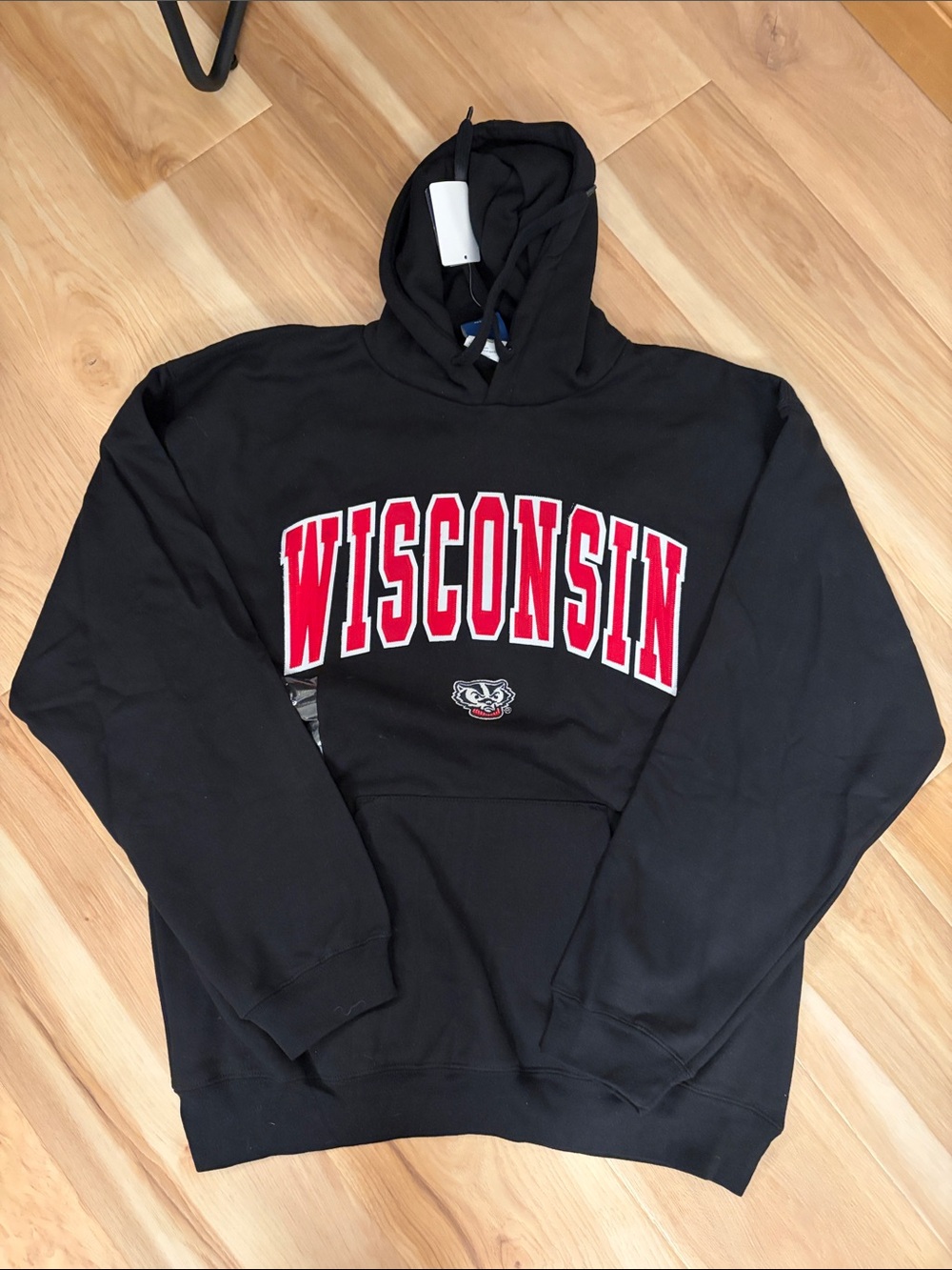 Wisconsin Black Hooded Sweatshirt with Red Applique